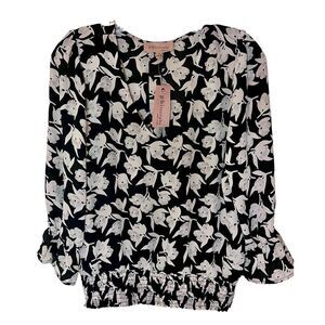 NWT Philosophy Top Blouse Black White Floral Print, L/S, Sz Sm.